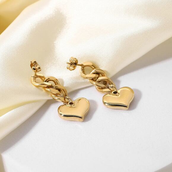 Drop Chain Heart Earrings 18K Gold Plated Stainless Steel - Picture 9 of 12
